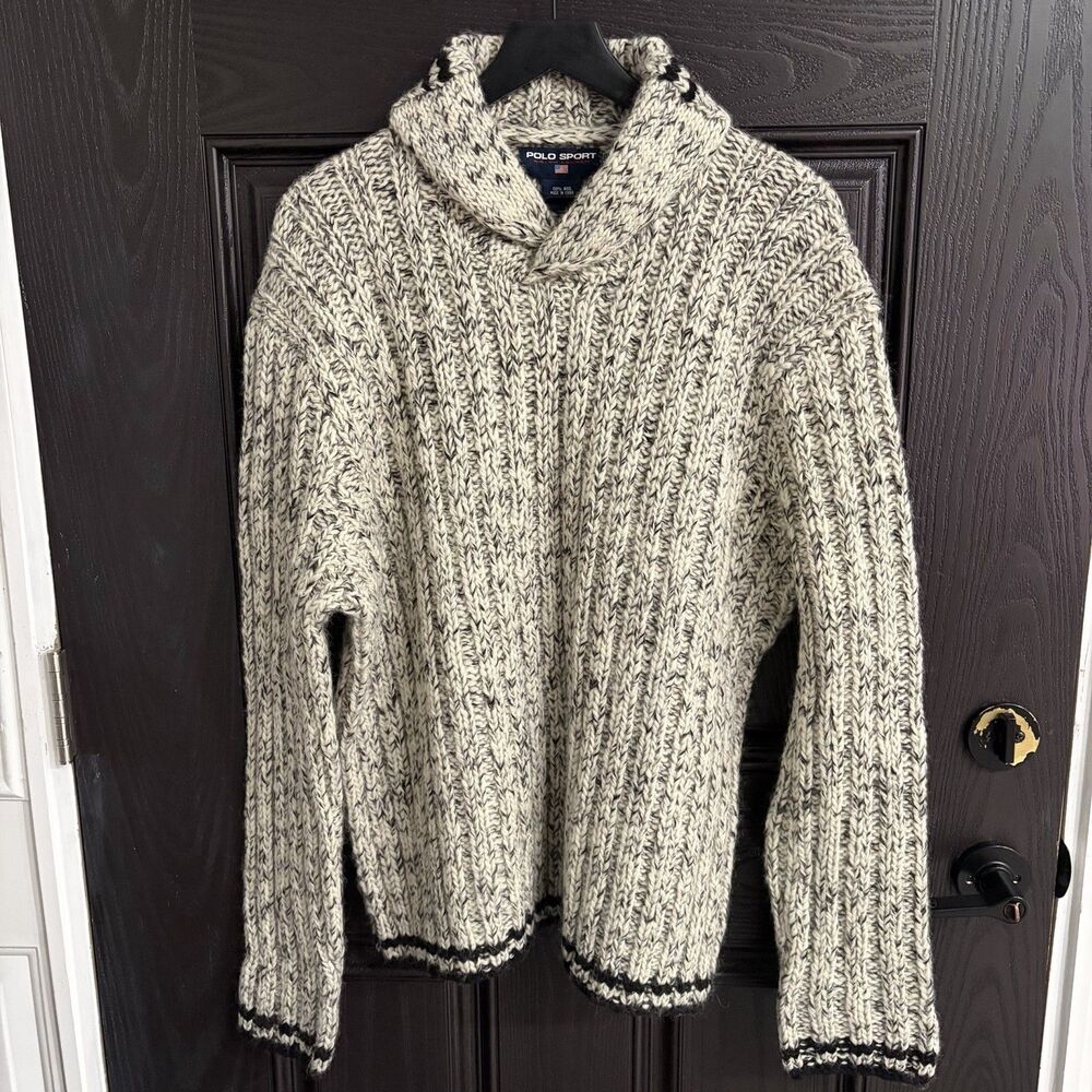 Vintage Polo Sport Hand Knit Heavy Wool Cableknit Shawl Collar Sweater Size L